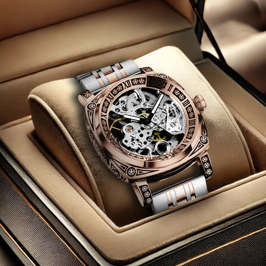 

New men's watch with silver gold steel strip, simple and handsome style, night light carving mechanical watch