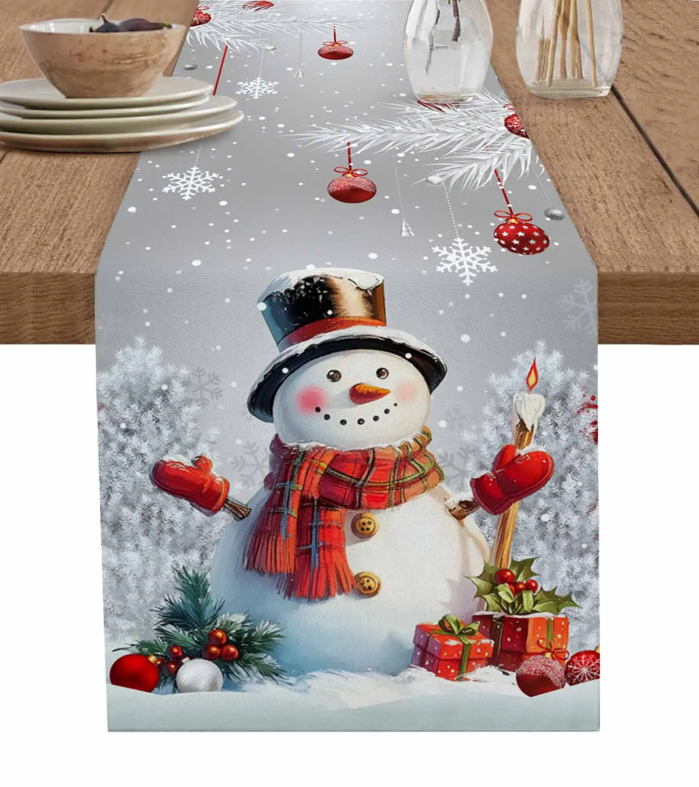 Christmas Snowman Pine Leaves Christmas Ball Gray Linen Table Runner Dresser Scarves Decor Kitchen Dining Table Decorations