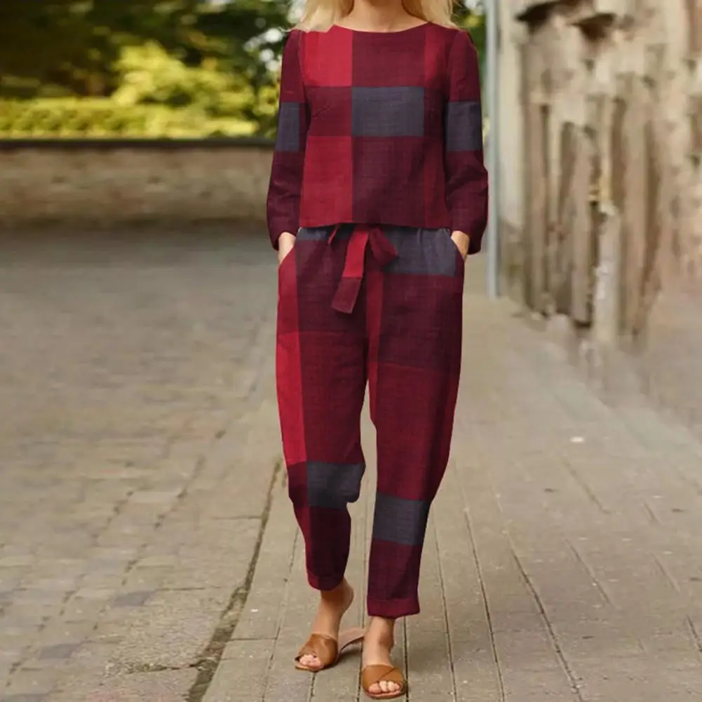 Vintage Long Sleeve Tracksuit Sets Women Autumn Casual Loose Plaid Printed Pullover Long Trousers Suits ensemble jogging femme