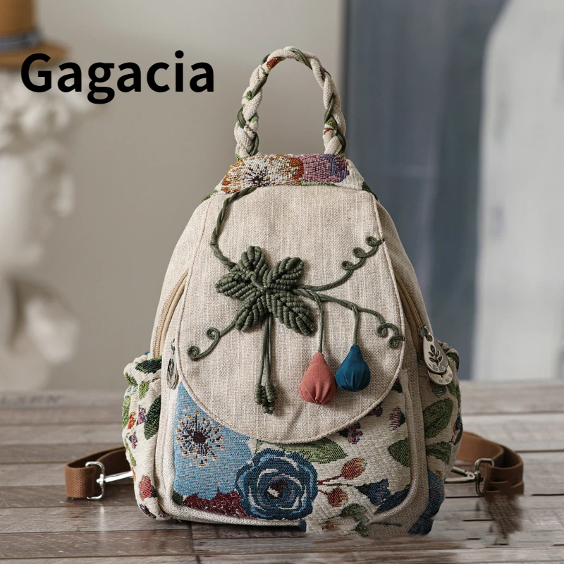 

GAGACIA New Chinese Ethnic Style Women Backpack Large Capacity Travel Canvas Bag Female Vintage Handmade Gourd Backpacks Ladies