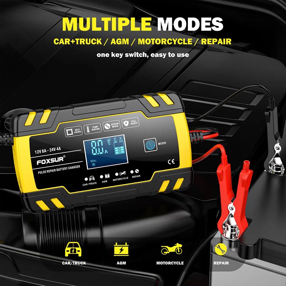 Battery Charger 8A-12V and 24V Automotive Trickle Charger Battery Maintainer for Car Truck Motorcycle LCD Display GEL Lead Acid