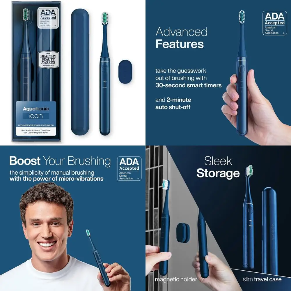

Перезаряжаемая зубная щетка Icon ADA | Магнитный держатель и тонкий дорожный футляр | 2 режима чистки и умные таймеры | Нежный микро