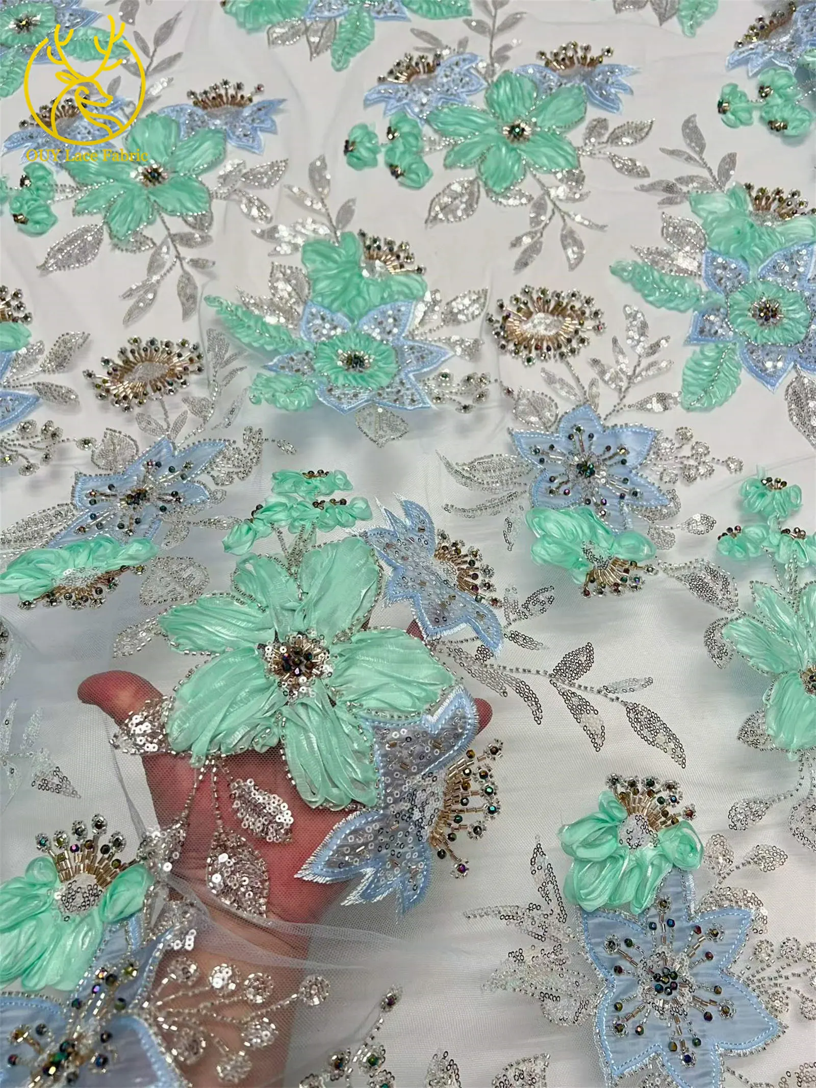3D Hochwertiger bestickter Blumen-Spitzenstoff mit afrikanischen Pailletten, 2026 Französischer Perlen-Spitzenstoff für nigerianische Partykleider zum Nähen – Detail 9