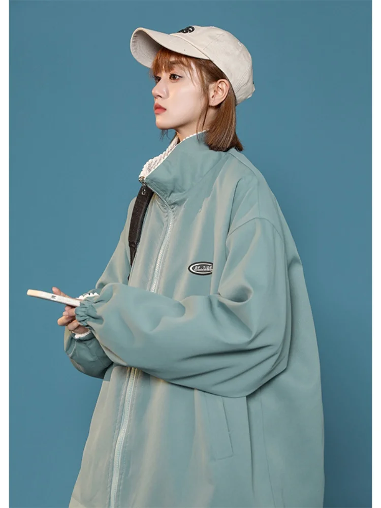 

Двусторонняя демисезонная мужская куртка с воротником-стойкой, свободного кроя, с длинными рукавами, ветрозащитная, на молнии, для пар