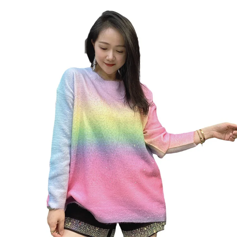 Women Diamond T-shirt Knitwear Pullover Top Female Long Sleeved Round Neck Rainbow Sweater Hot Diamond Knit Sweater