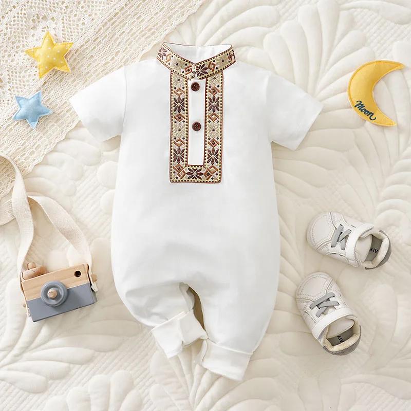 Ethnic Retro Lace white Design 100% Cotton Soft&Comfortable 2025Newborn Summer0-18Months Boys and Girls Baby Short-Sleeve Romper
