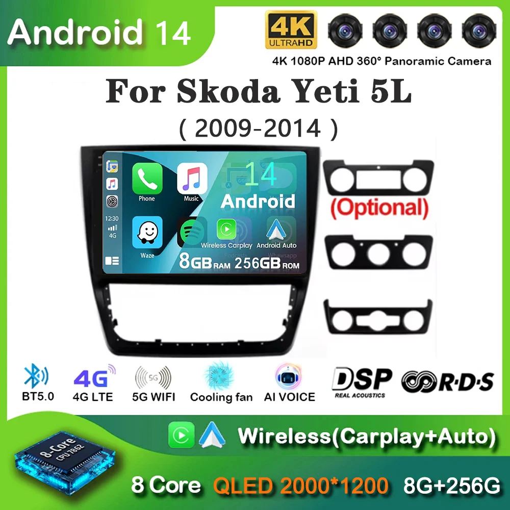 

for Skoda Yeti 5L 2009 2010 2011 2012 2013 2014 10 Inch 8-Core Android 14 Car Radio Stereo with Frame Auto Apple Carplay QLED