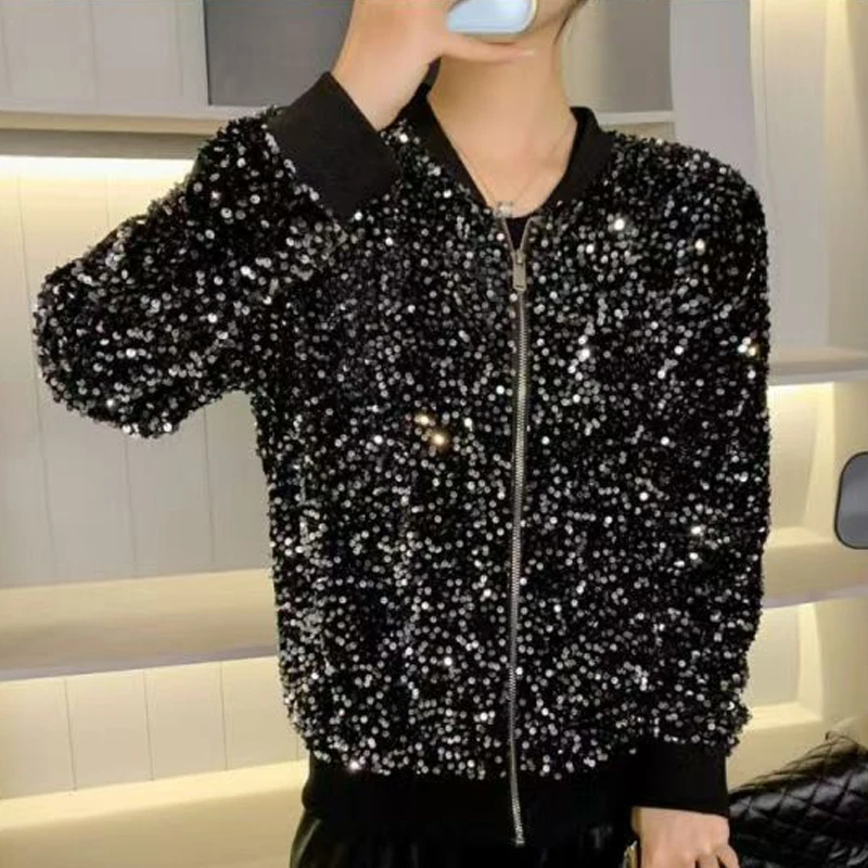 Damen Schwarze Pailletten-Bomberjacke Funkelnde Strass-Kurzjacke Glitzer-Blazer für Party Ausgehen Schicke Clubwear-Jacke Oberteile – Detail 2