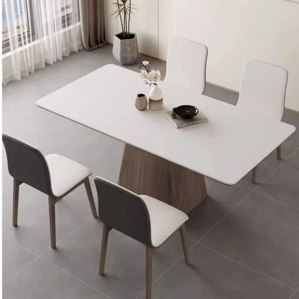 CX solid wood, rectangular medieval retro dining table for home use, matte pure white rock slab