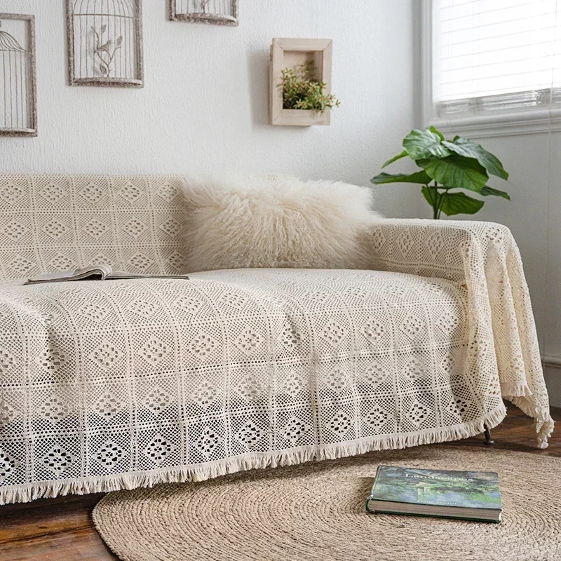 Terylene Beige Crochet Retro French Hollowed-out Lace Sofa Set Picnic Blanket Throw Blanket Three-seater Sofa Cushion Dust Proof