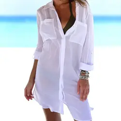 Holiday Style Pure Desire Summer Large Size White Shirt Long Sleeved Sandy Beach Loose Bikini Lapel Collar Pocket Tops Coat