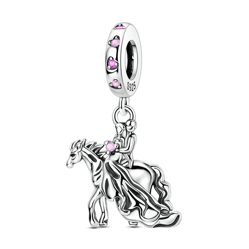 925 Sterling Silver Prince White Horse Charm Beads Sparkling Zircon Dangle Fit Original Bracelet DIY Women Birthday Jewelry Gift