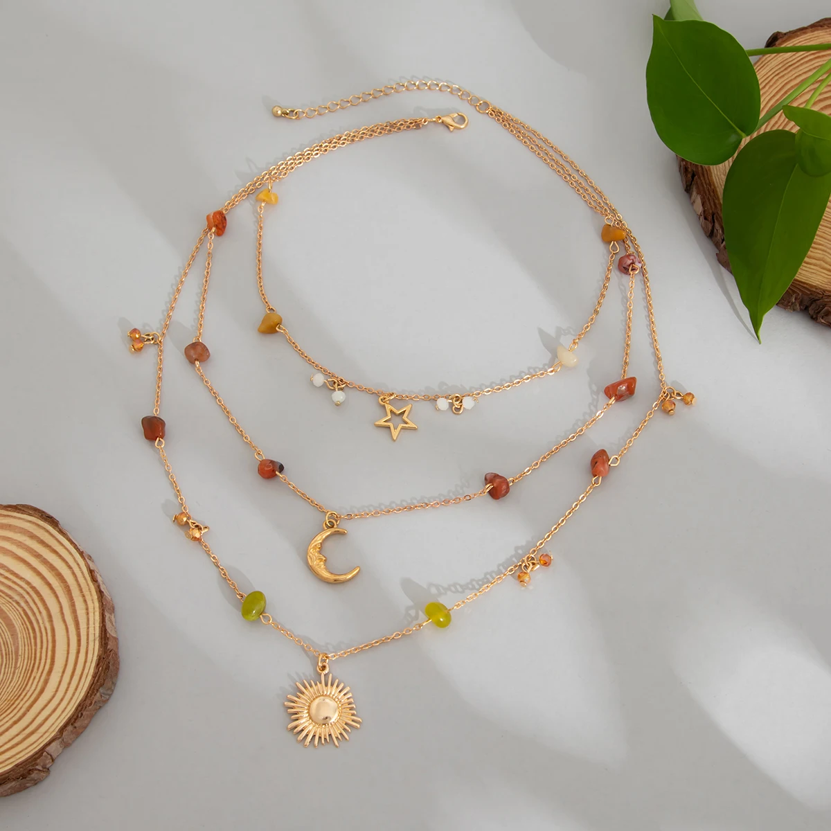 

Faionable Sun Pendant Multi-Layered Tassel Nelace for Women Irregular Stone Design Cross-Border Jewelry Alloy Material