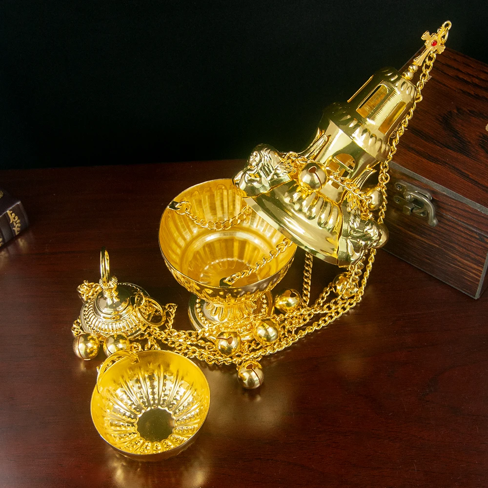 Hot Sale Hanging Orthodox Censer Gold Silver Plated Incense Burner with Bells Church Religious Incense Pot Worship Decor Gift view 2