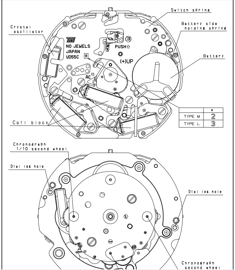 Japão básico vd55c movimento de quartzo para relógio pequeno cronógrafo mão reparação peças mecanismo pequeno segunda hora mão
