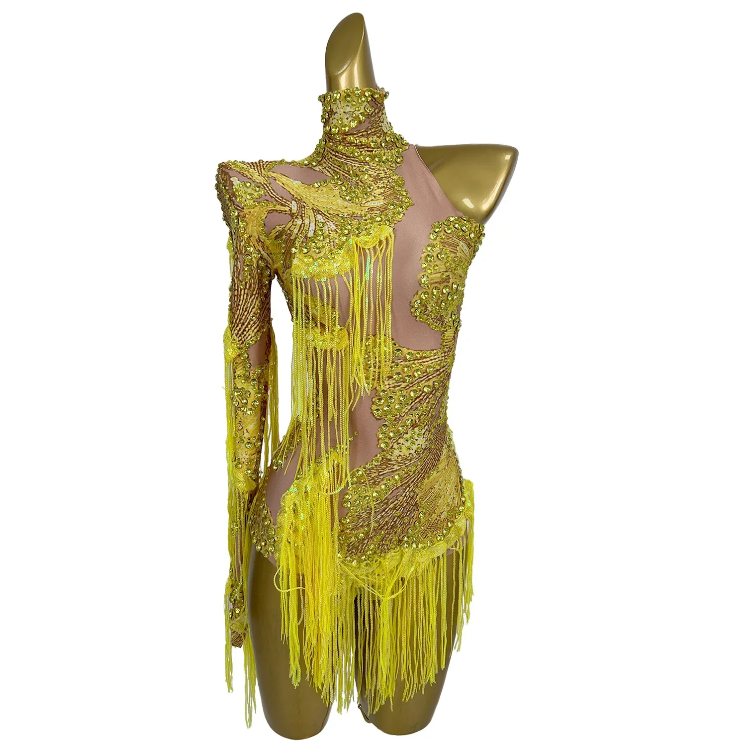 

Sparkly Sequins Tassel One Shoulder Tight Bodysuit Women Dance Leotard Outfit Nightclub Bar Performance Costume Stage Wear Duxiu