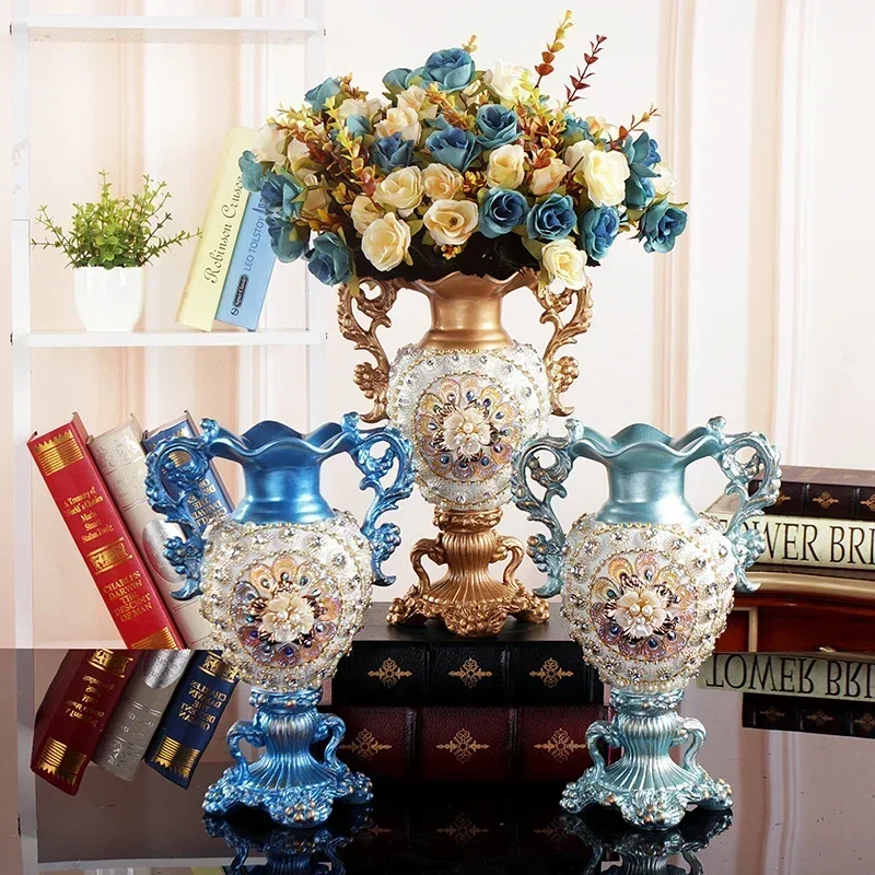 Modern Luxury Diamond Resin Vases Ornaments Fake Flower Pot Home Livingroom Furnishing Craft Office Desktop Figurines Decoration