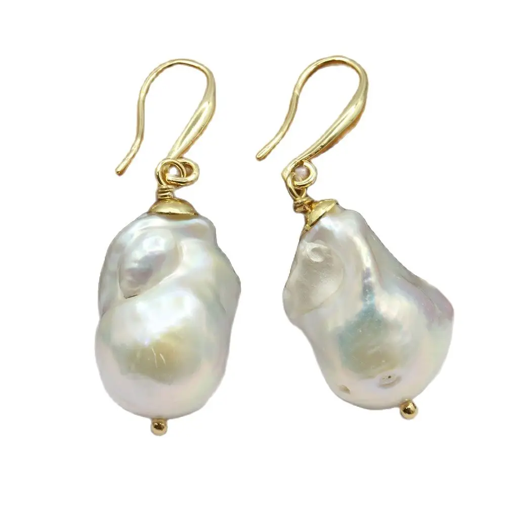 GuaiGuai Jewelry Cultured White Baroque Pearl Dangle Earrings Real Keshi Pearl Hook Earrings For Lady