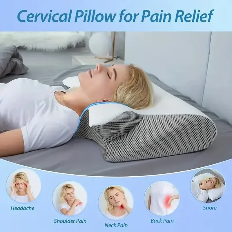 Almohada ortopédica de espuma viscoelástica para el cuello, cojín de masaje con forma de mariposa para dormir, rebote lento y cómodo