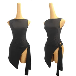 Summer Latin Dance Clothes Sleeveless Irregular Tops High Split Black Dress Adult Latin Practice Dress Rumba Dance Wear DNV20931