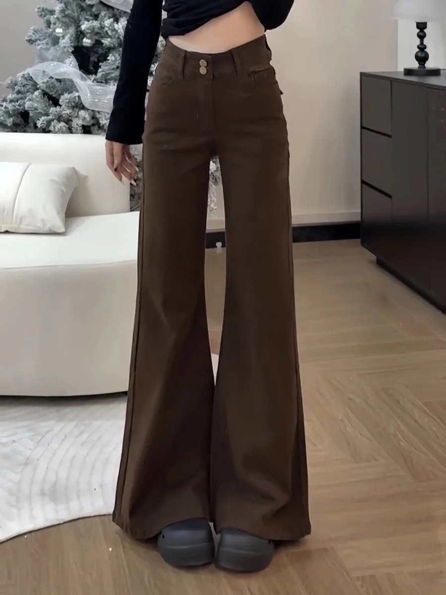 Retro American Coffee-Colored Slim Fit Bell Bottom Jeans Women's Autumn Winter New Design Sensation Slim Straight Wide Leg Ho...