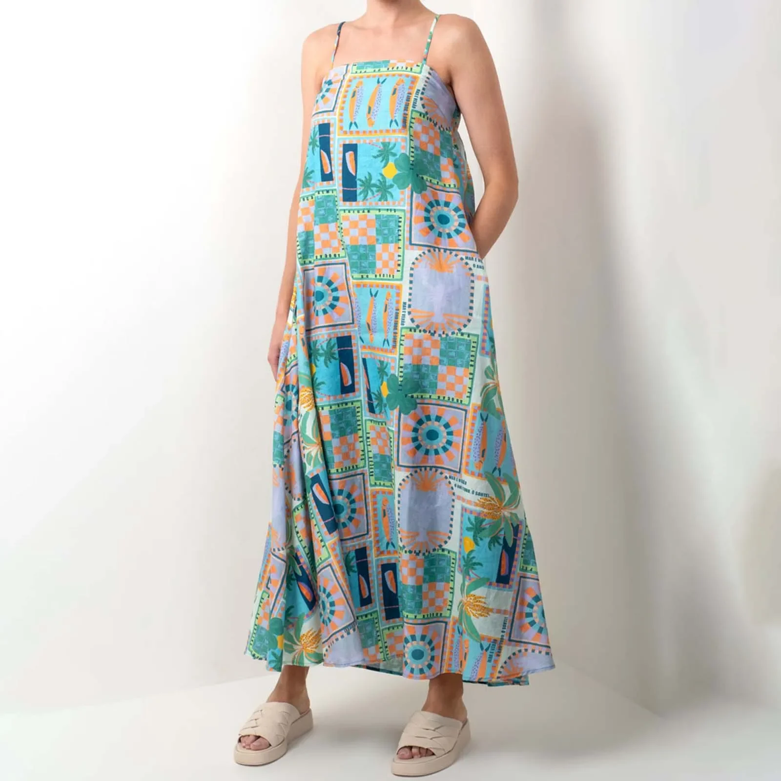 Robe Longue à Bretelles Spaghetti pour Femme, Imprimé à la Mode, Balançoire avec Poches