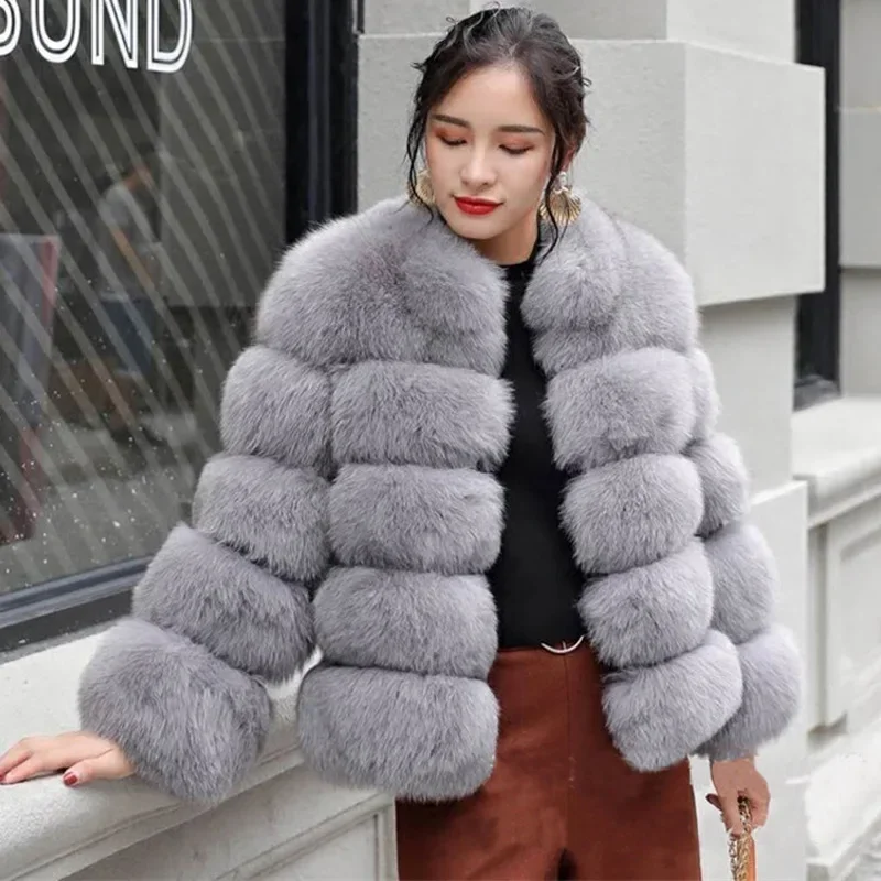 Women Faux Fur Fox Coats Short Coat Stand Collar Slim Fit Full Sleeve Elegant Splice Autumn Winter Thick Warm Open Stitch