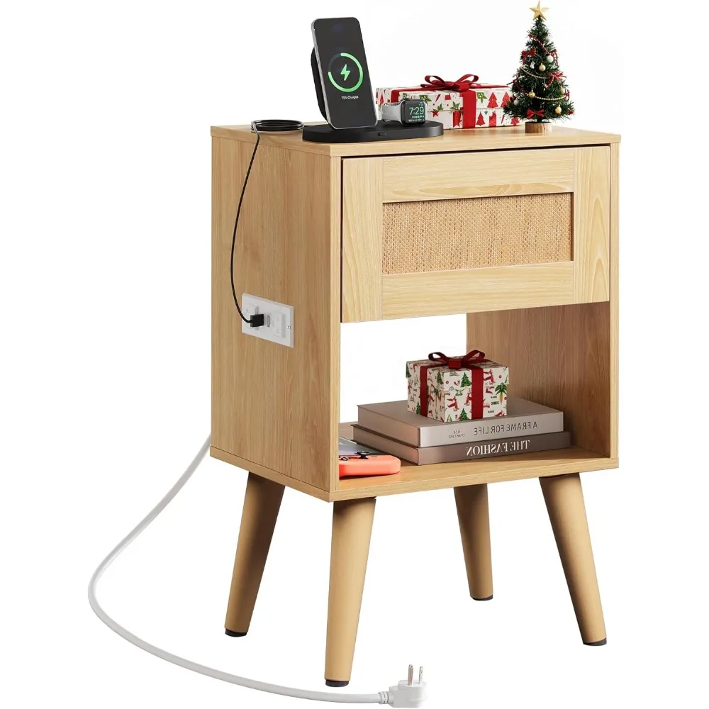 

Тумбочка из ротанга с зарядной станцией, приставной столик в стиле бохо с выдвижным ящиком и местом для хранения вещей для спальни или небольших помещений