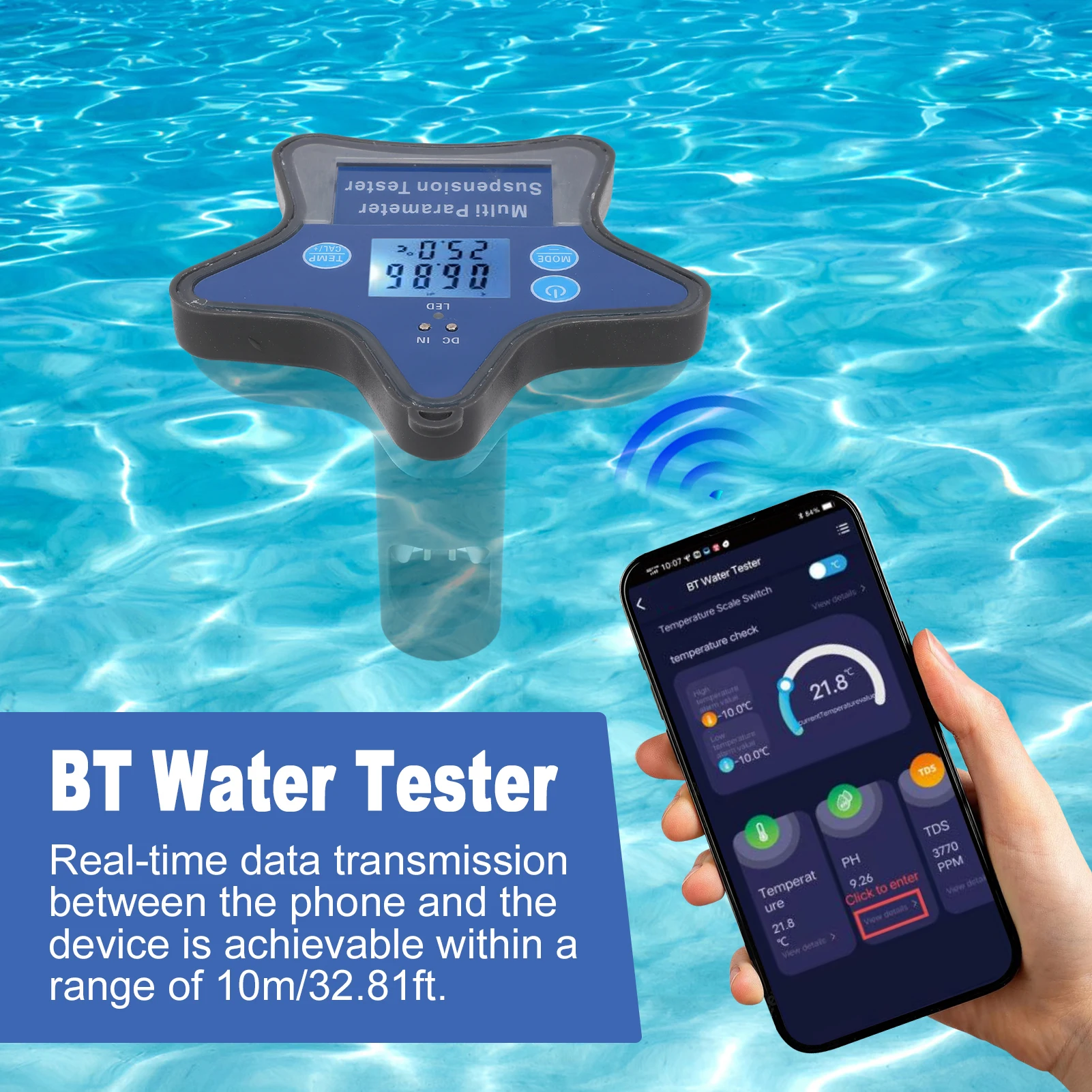 

Монитор качества воды BT, цифровой тестер воды 9-в-1, определяет pH, ОВП, хлор, электропроводность, морфологическую электропроводность, общее твёрдое вещество, солёность, удельный вес и температуру.