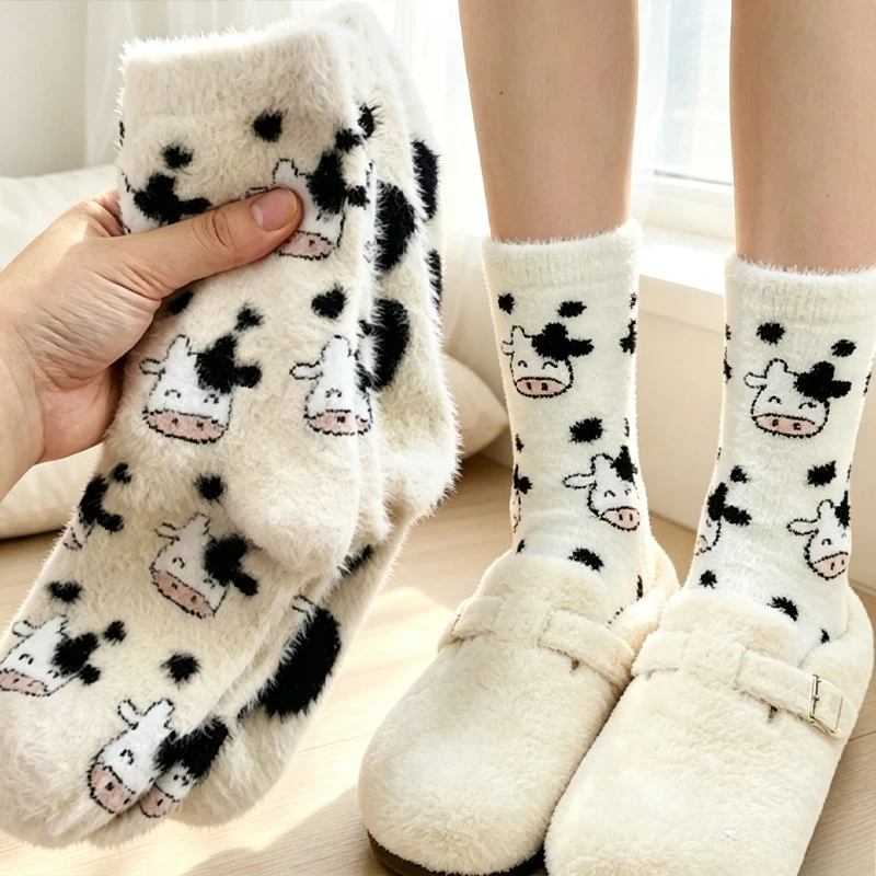 Winter/Fall Warm Socks Faux Mink Fur Cute Cow Pattern Loose Socks Mid-calf Thicken Style Plush Home Floor Sleeping Stockings