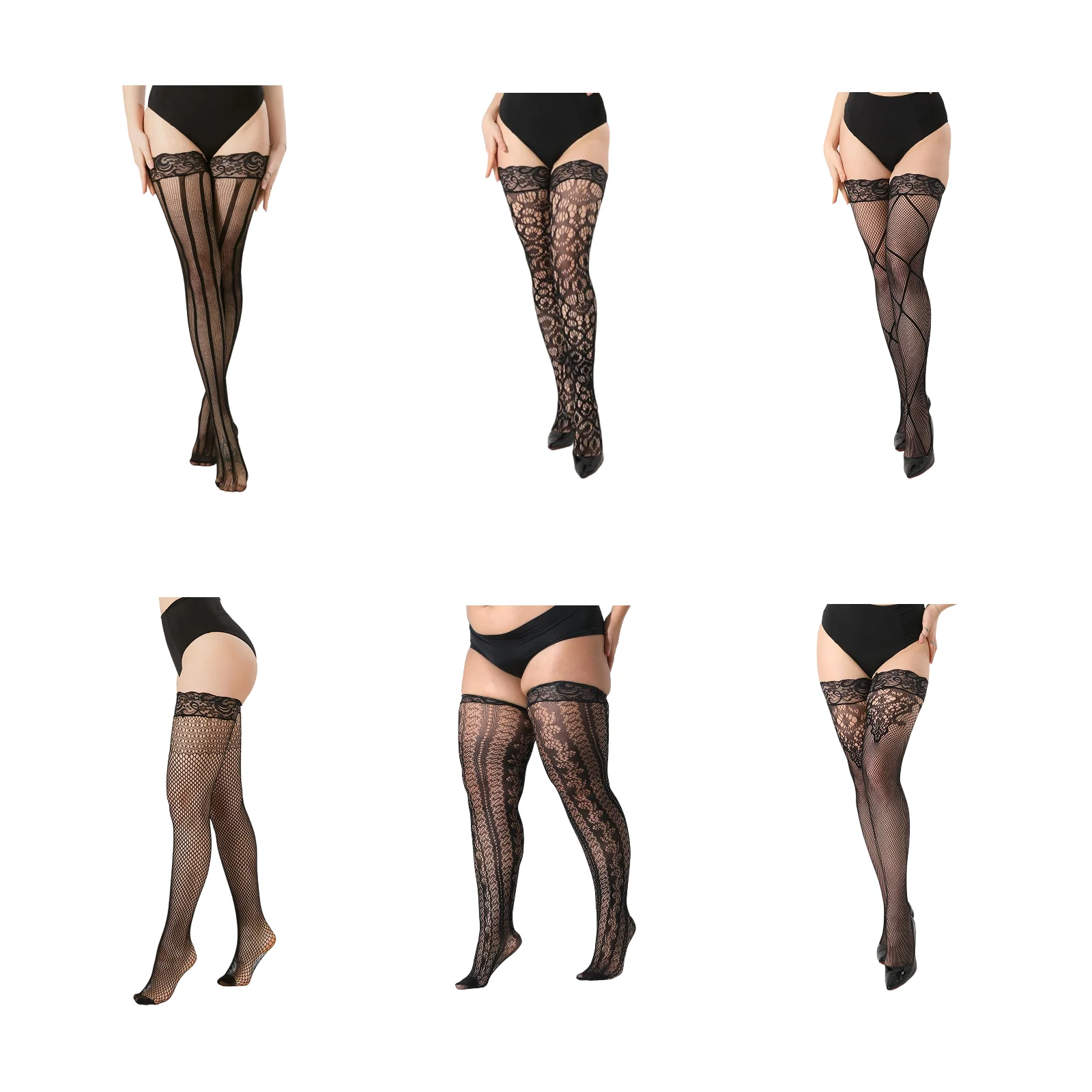 

Комплект кружевных чулок большого размера: вертикальная полоска G3030/крупная сетка G3032/круглая сетка G3031/G3033-G3035 черного цвета, 6 моделей, по 1 паре каждого.