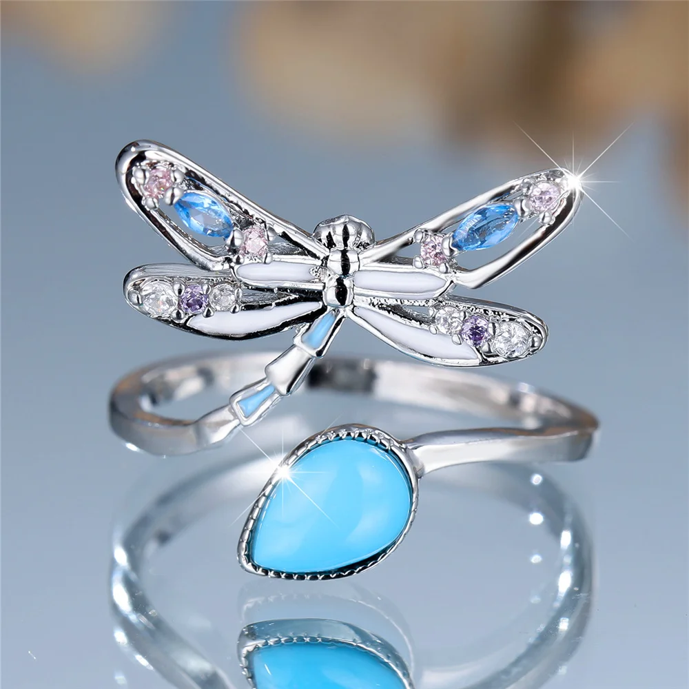 Charm Female White Green Stone Water Drop Dragonfly Adjustable Open Ring Silver Color Cute Gift Wedding Jewelry For Women