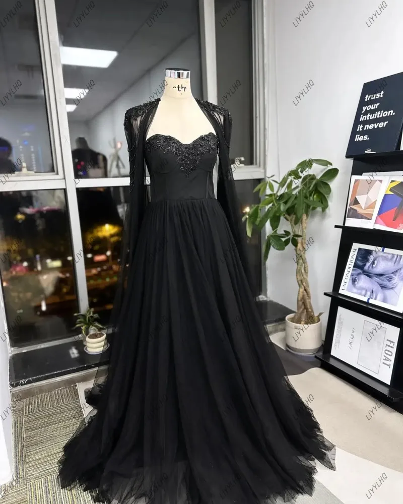 Shinning Black Beaded Wedding Dress Elegant Detachable Shawl Custom A-line Prom Dresses Sexy SweetHeart Backless vestido feminin