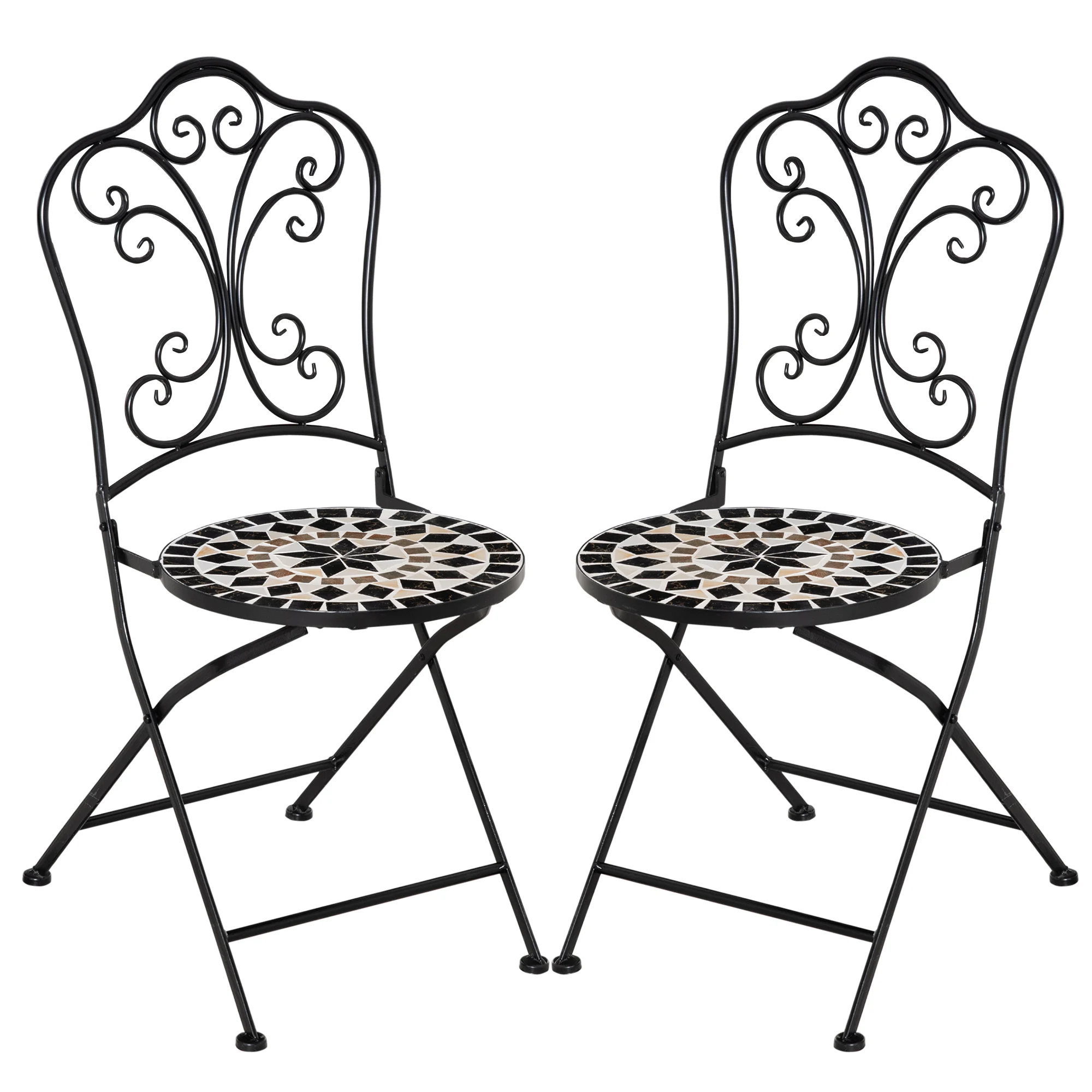 Outsunny Set of 2 folding garden chairs with ceramic mosaic seat and Metal frame load 120 kg for Patio 40x50x92cm