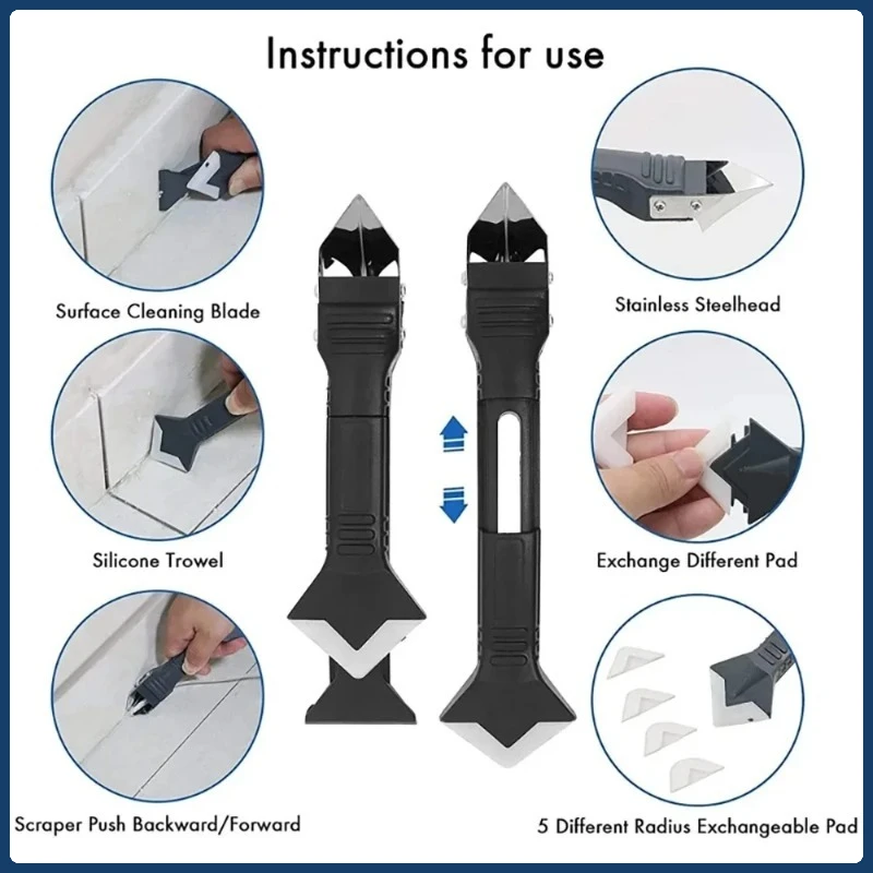 Alat Sekop Logam 5 in 1 Baru: Spatula Silikon, Penghilang Dempul, Penghilang Serpihan, Pemoles Sealant & Pengikis Sudut