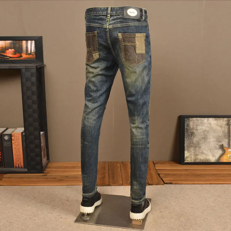 Street Fashion Men Jeans Retro Washed Blue Elastic Slim Fit Vintage Ripped Jeans Men Patch Designer Hip Hop Denim Pants Hombre