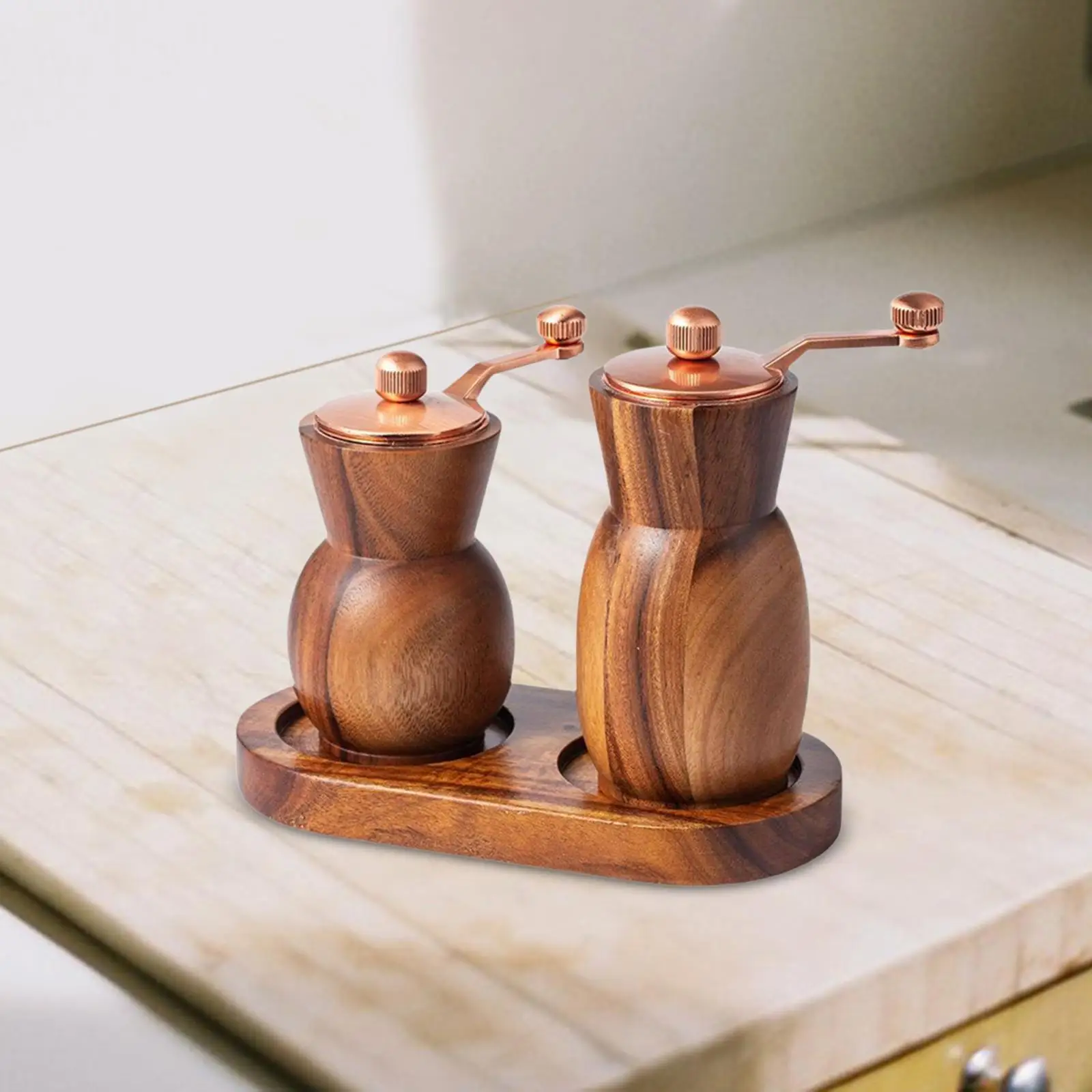 2 Piece Wooden Salt And Pepper Shaker Set, Salt And Pepper Mill with Tray,