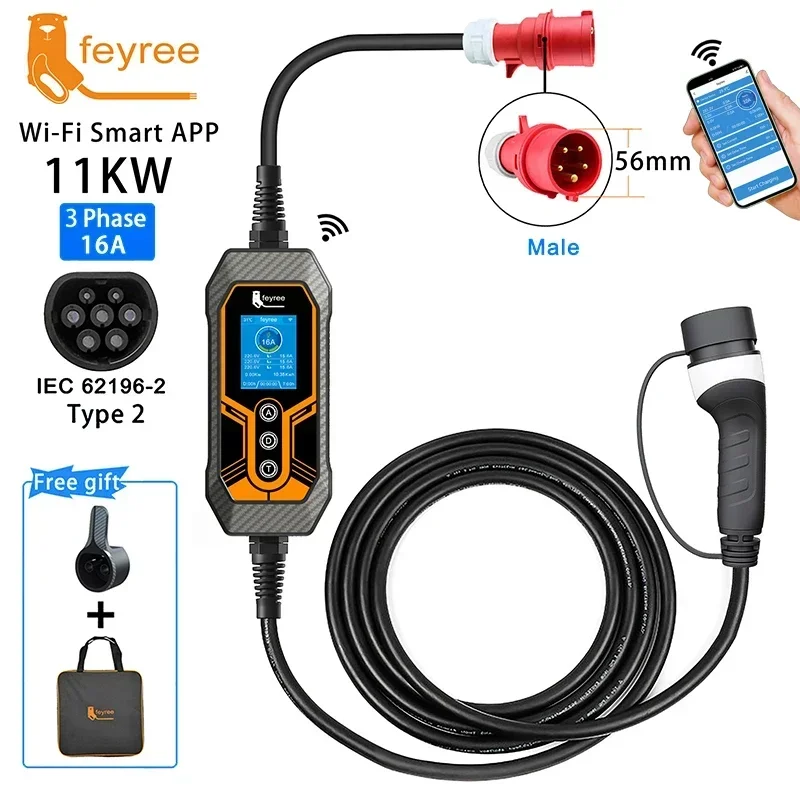 Feyree 11KW 16A 3-fase Type 2 draagbare EV-oplader Wi-Fi APP Bluetooth-versie EVSE-oplaadkabel 5 m CEE-stekker voor elektrische auto