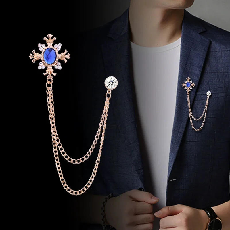 Men's Suit Shirt Collar Crystal Cross Chain Lapel Pin Fashion Gentleman Tassel Rhinestone Retro Brooch Wedding Accessories Gift