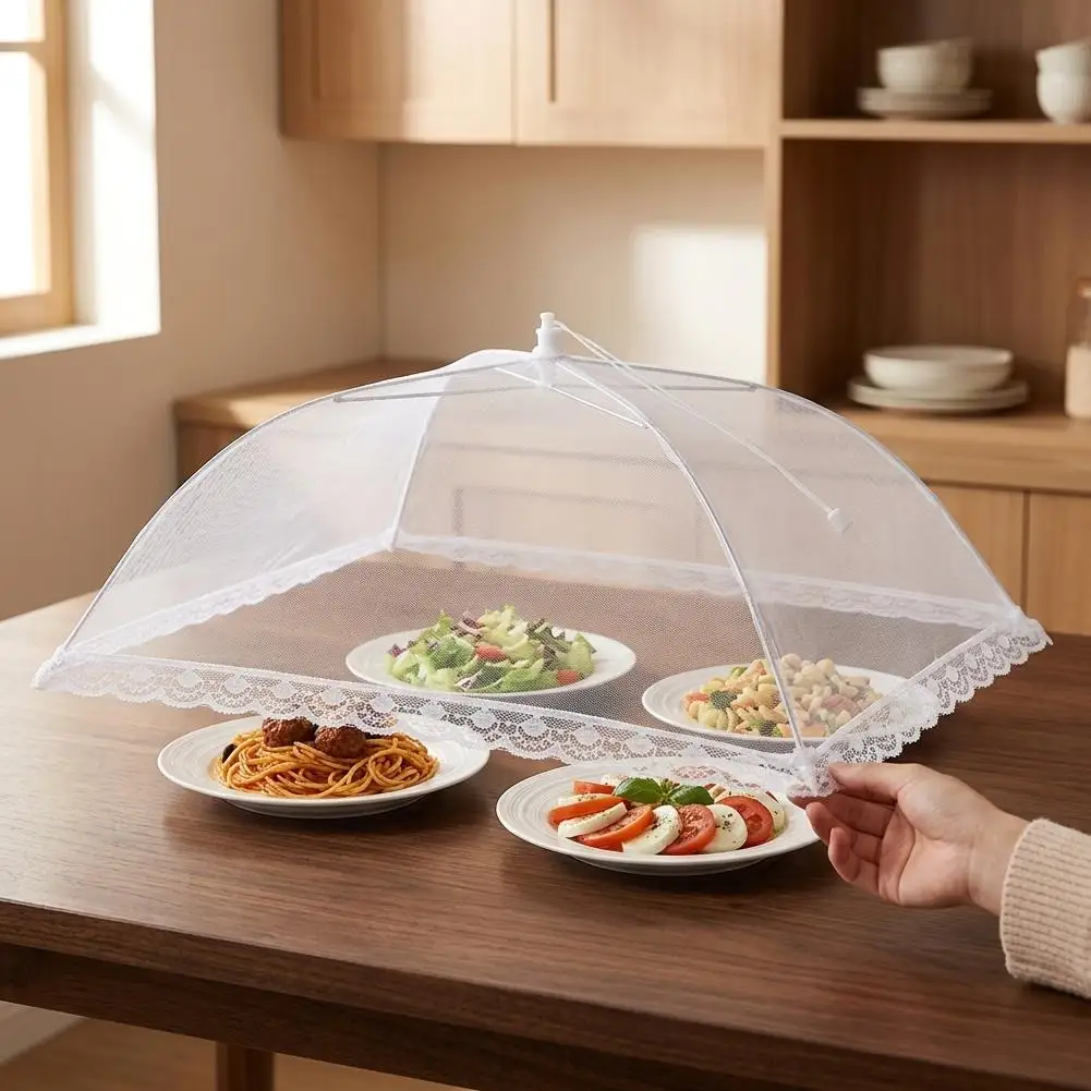 40x60cm Rectangular Food Cover Fly Proof Mesh Gauze Lace Edged Vegetable Cover Simple Design Kitchen Essential