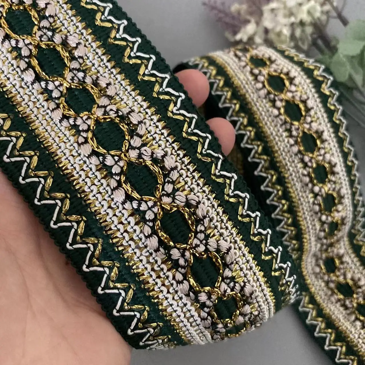 

1 Yard Green 6cm Rice Lace Trim Ribbon Sequin Fabric Ethnic Clothing Gold Thread Embroidery Jacquard Webbing Garment Accessories