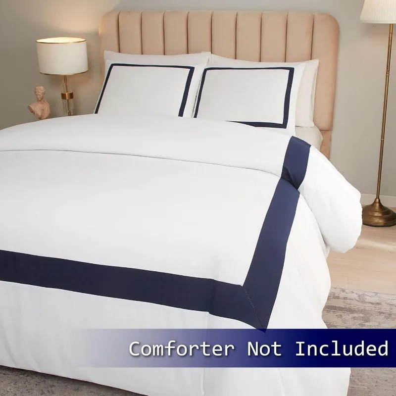 Hotel Duvet Cover Set Queen Size 3Pcs Microfiber Navy Line Pattern Bedding Collection Ultra Soft Breathable with Pillowcases