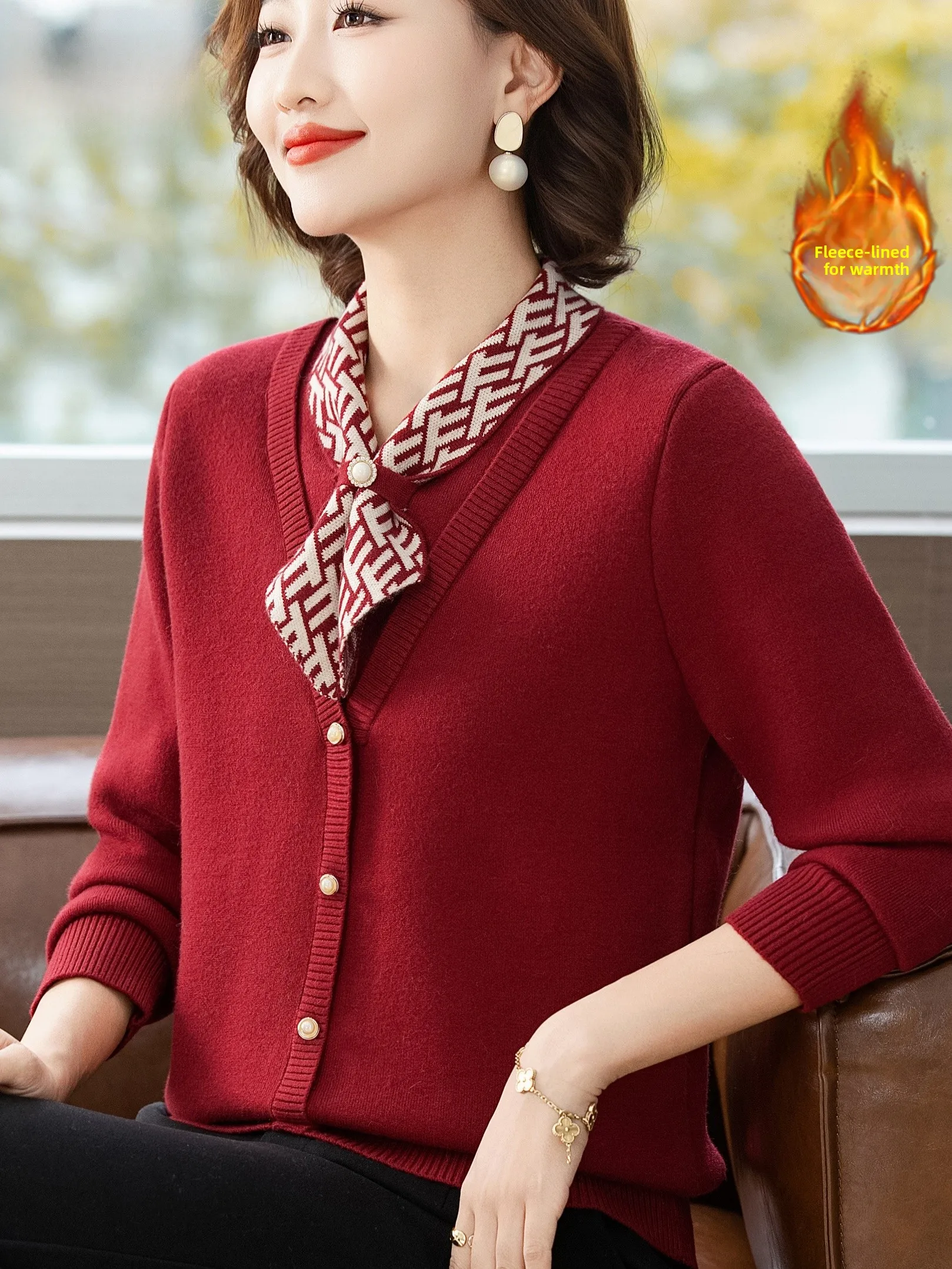 

Thiened Fce женский свитер с шарфом и воротником, осенне-зимняя теплая основа, модная женская одежда среднего возраста и ли