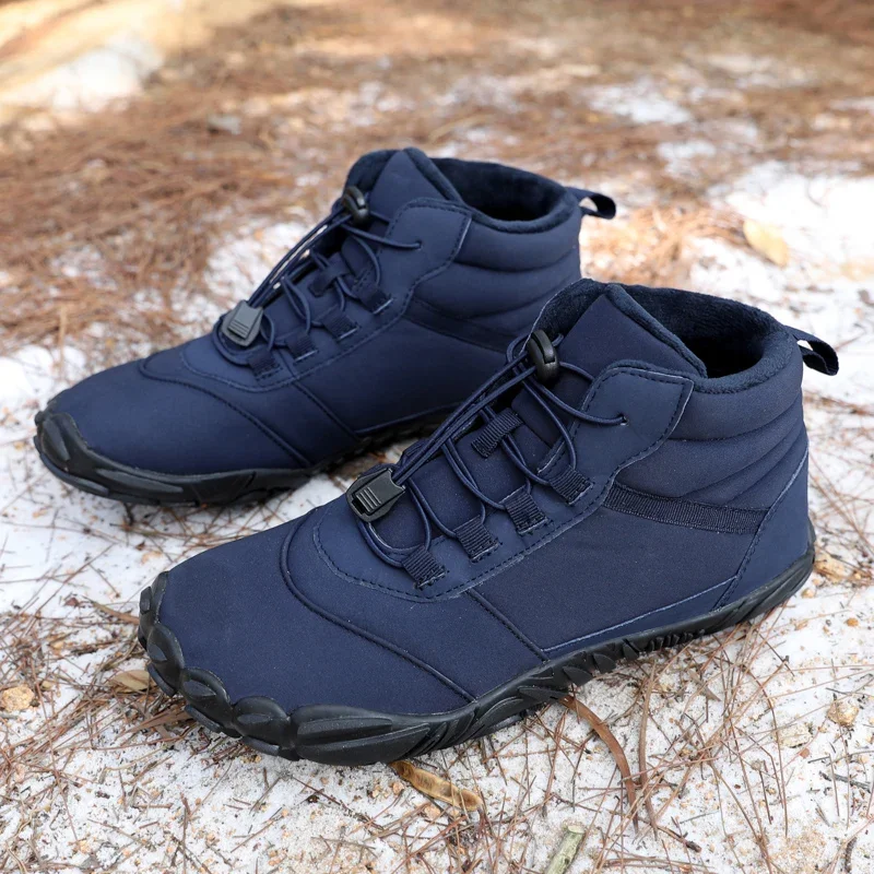 Winter Barefoot Boots Men Waterproof Winter Sneakers Ankle Snow Shoes Plush Hiking Boots Warm Sporting Shoes Big Size 47 Black