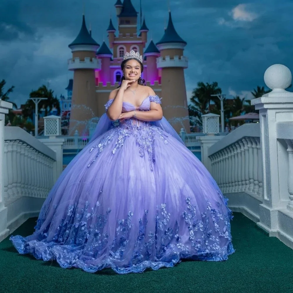 

Сиреневые платья Quinceanera, бальное платье с открытыми плечами и аппликациями, кружевные платья Sweet 16, 15 лет, индивидуальные платья