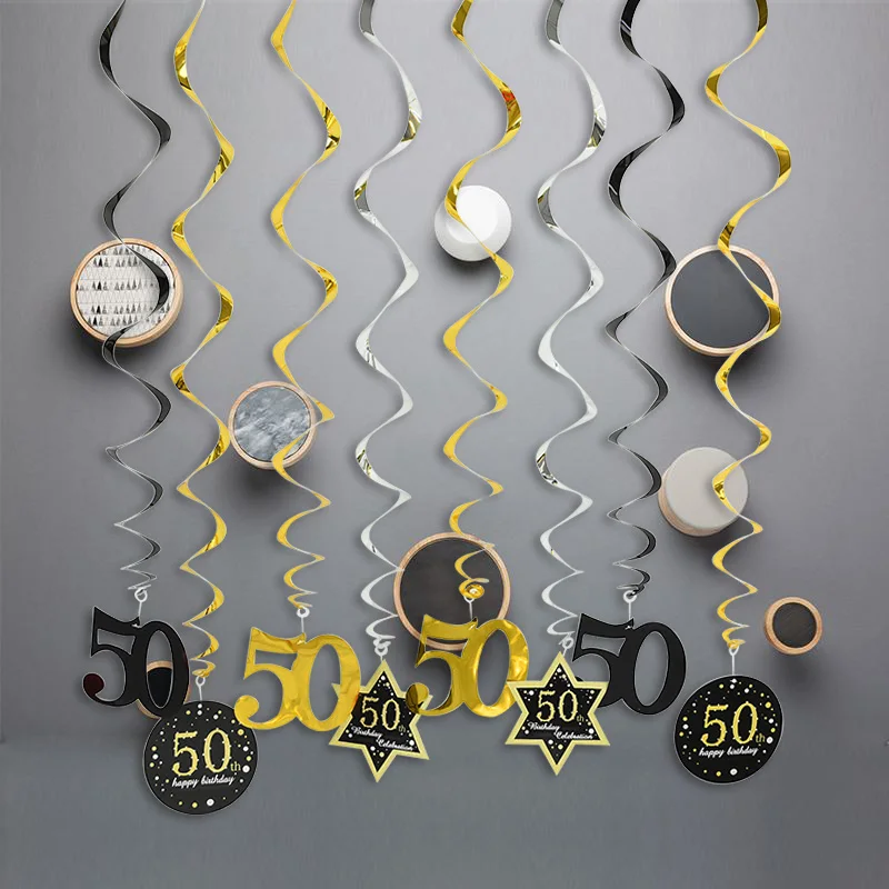 8pcs Ceiling Hanging Decor 18 21 30 40 50 60 Black Gold Spiral Garland PVC Swirl Banner Happy Birthday Party Decoration Supplies