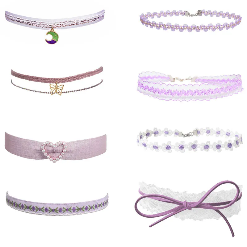 Collier ras du cou violet pour femmes, mode perle dentelle papillon marguerite fleur coeur lune clavicule bijoux accessoire cadeau idéal