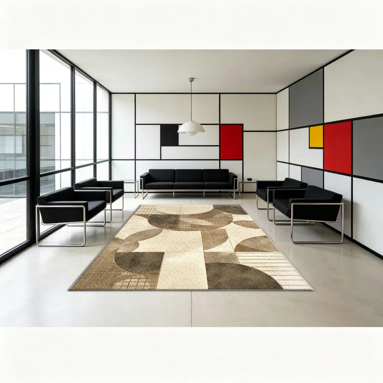 Mid-Century Geometric Block Carpet Flooring Luxury Neutral Shade Floor Rug Modern Home Interior Decor Carpet