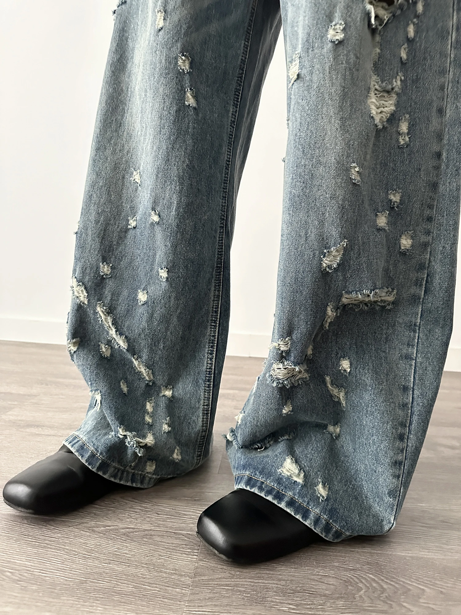 2025 여름 신상 미국 스타일 홀 데님 남성 레트로 루즈핏 하이 스트릿 데님 바지 남성 멋진 스트레이트 와이드 레그 데님 팬츠