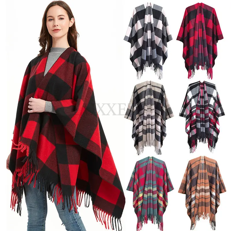 Women Faux Cashmere Air Conditioning Capes Female Long Thick Vintage Shawl Oversize Cardigan Plaid Winter Poncho Streetwear